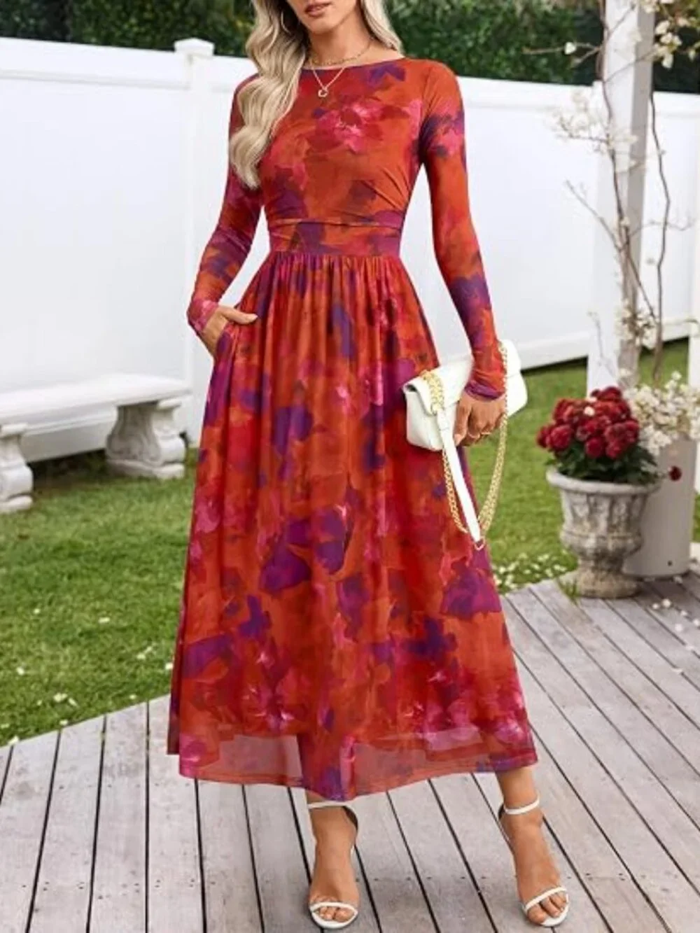 Women's Fall Wedding Guest Cocktail Long Sleeve Floral Maxi Dress